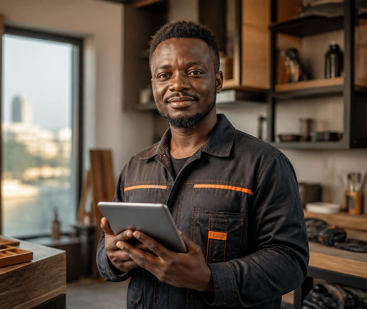 Artisan professionnel utilisant la plateforme Groupe ToliWork sur une tablette