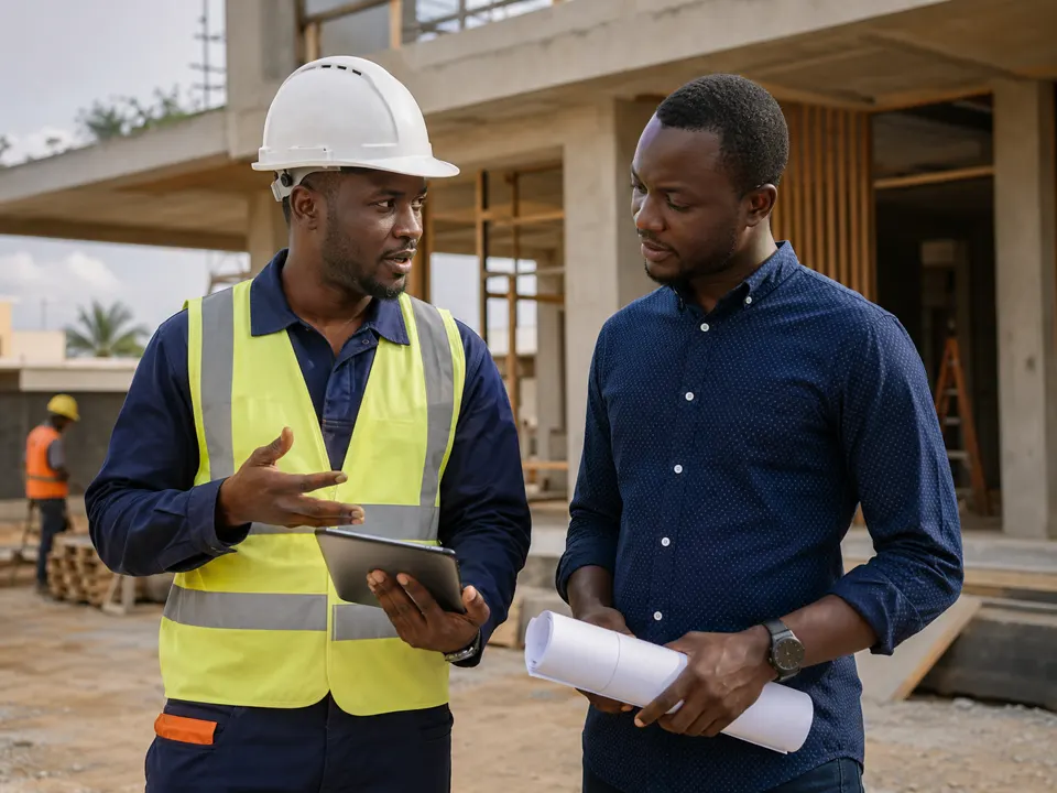 Professionnel africain du bâtiment échangeant avec un client sur un chantier